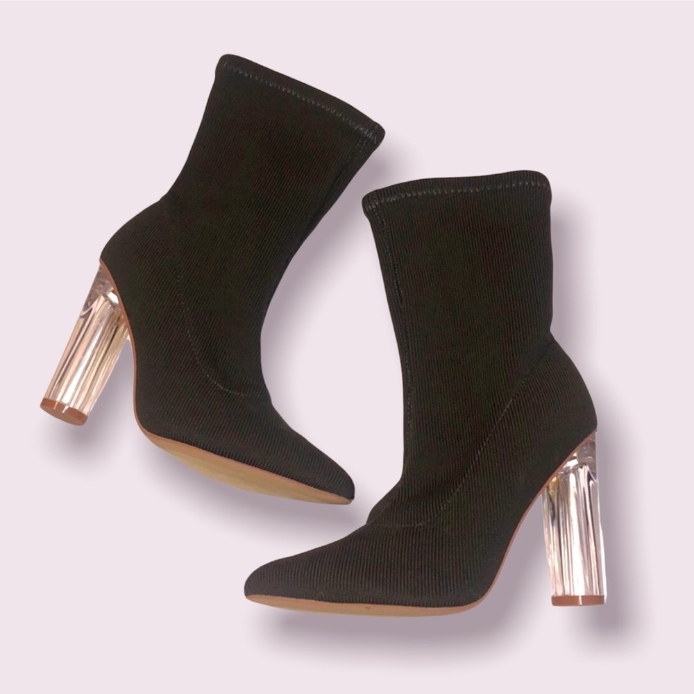 Clear Heel Olive Green Sock Booties